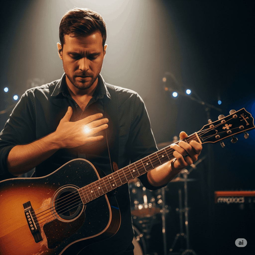 Un músico cristiano con una mano en su guitarra y la otra sobre su corazón, simbolizando el dilema entre la técnica vs. la unción en la adoración.